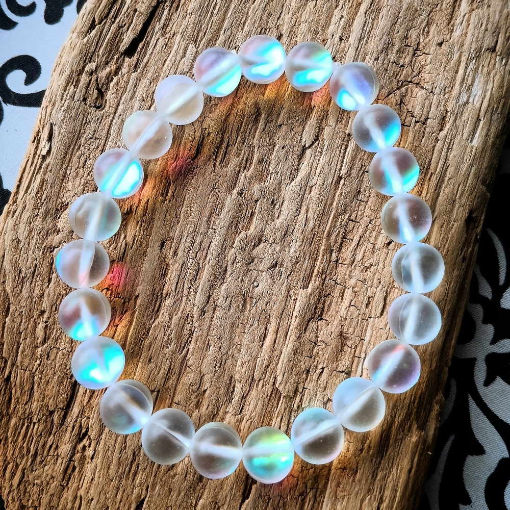 🤍 Frosted Rainbow Aura Quartz Crystal Bead Stretch Stone Bracelet Angel